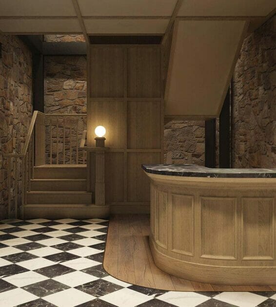 Basement cellar lobby desk with cobblestone walls