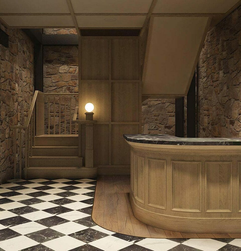Basement cellar lobby desk with cobblestone walls